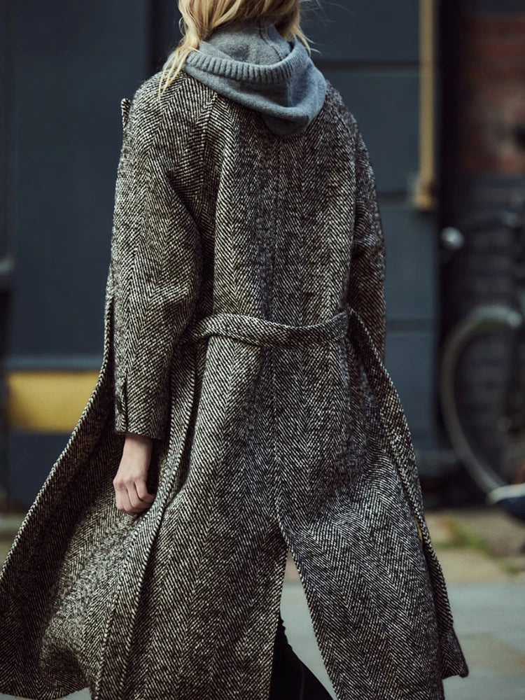 Women's Warm Windbreaker Fall And Winter New Retro Long-Sleeved Classic Jacket Herringbone Twill With Belt Windbreaker