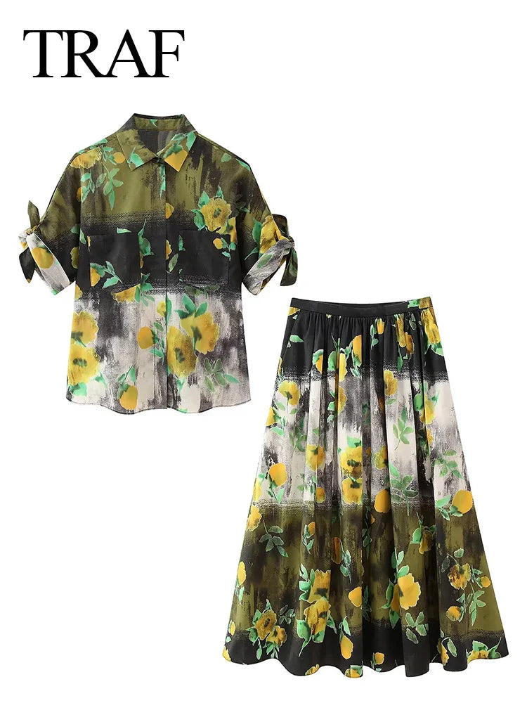 TRAF Summer Vintage Y2K Short Sleeve Green Floral Print Woman Zipper Shirt Set High Waisted A Line Pleated Skirt Suits