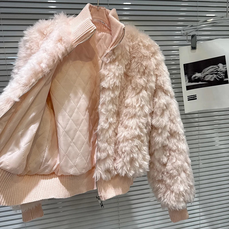 Winter New Sweet Fashion Fur Patchwork Knitted Quilted Short Coat For Women Solid Color Soft Jacket Female 11A07455