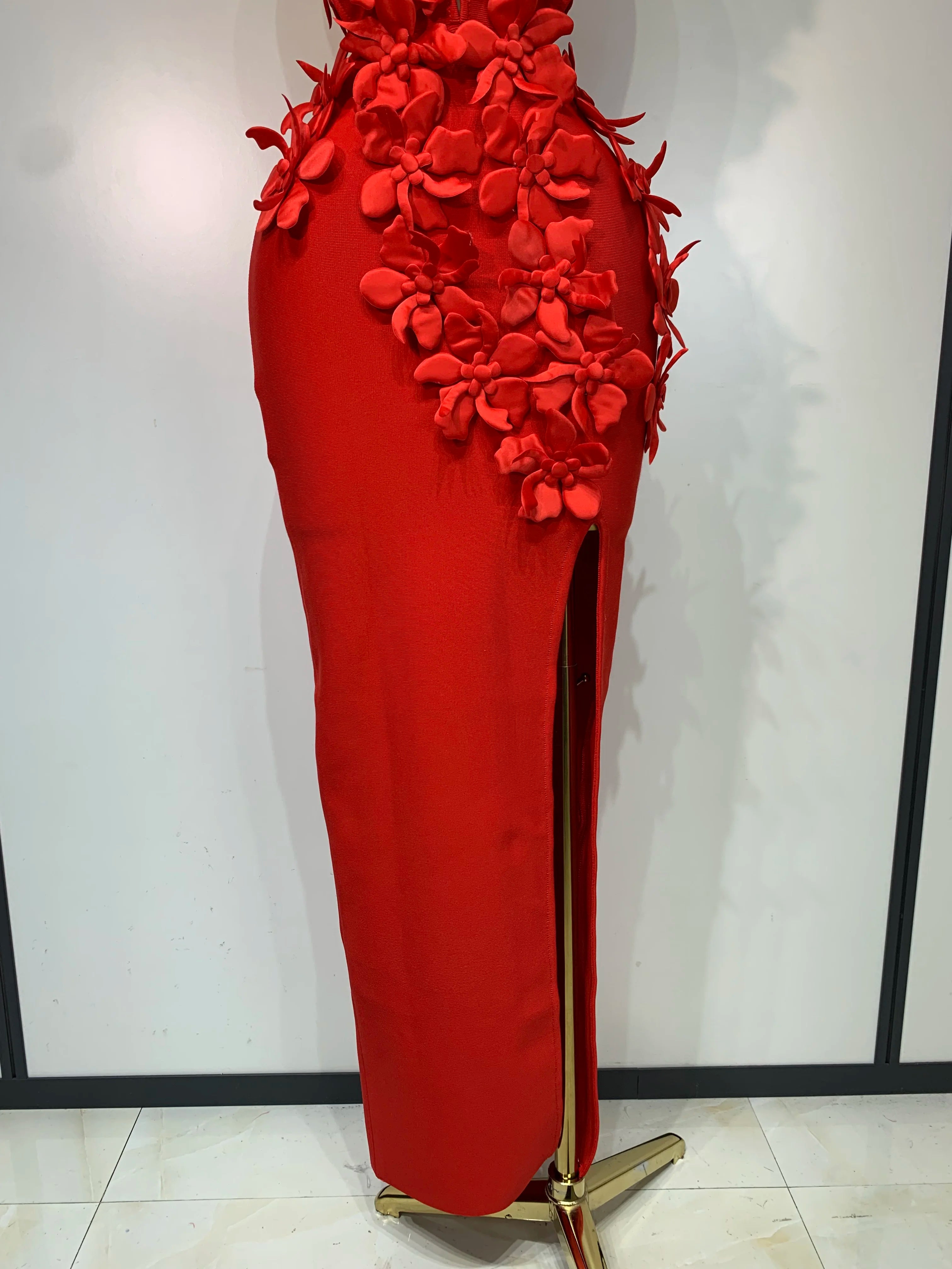 Women Sexy Sleeveless Flower Hollow Out Evening Party Bandage Dresses Red Knitted Bodycon Birthday Wedding Guest Clothing