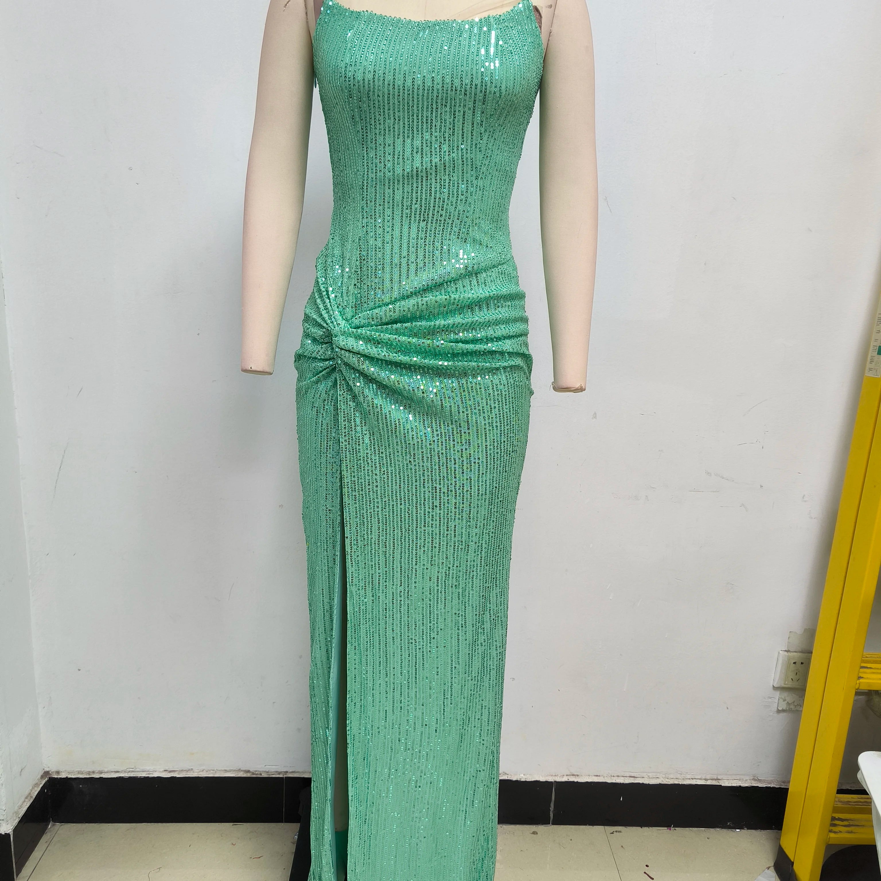 Shinning Sequins Women Sexy Strap Bodycon Long Maxi Dress Fashion Celebrate Nightclub Party Birthday Photo Shoot Wear