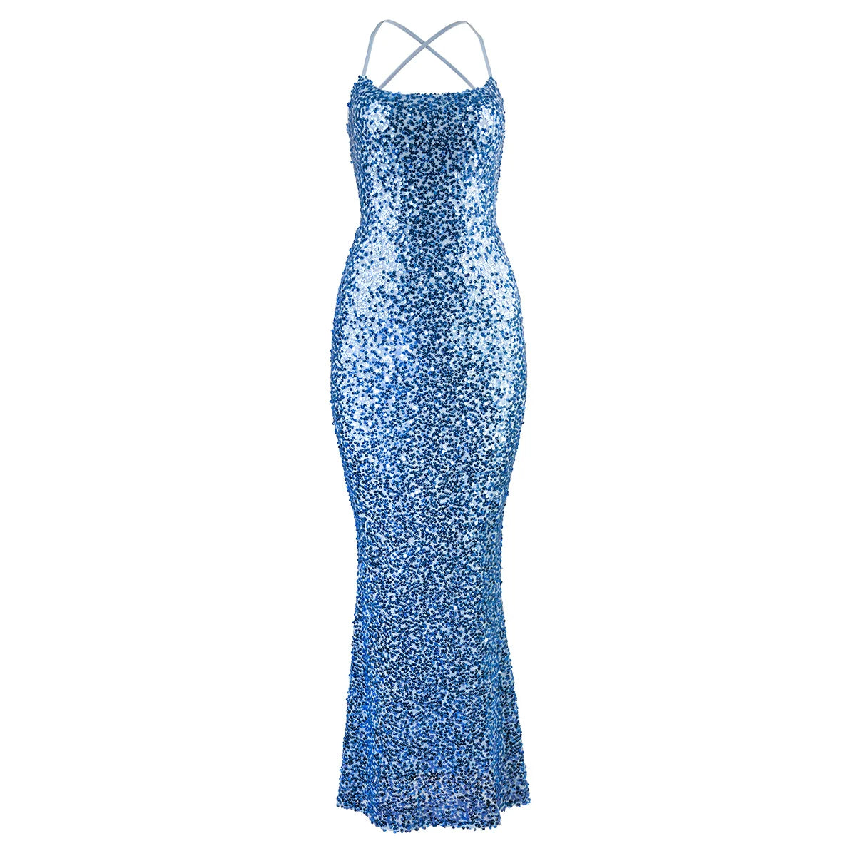 Ailigou New Summer Women's Sexy Sleeveless Backless Sparkling Sequined Crisis Cross Back Lace up Mermaid Evening Dress Blue
