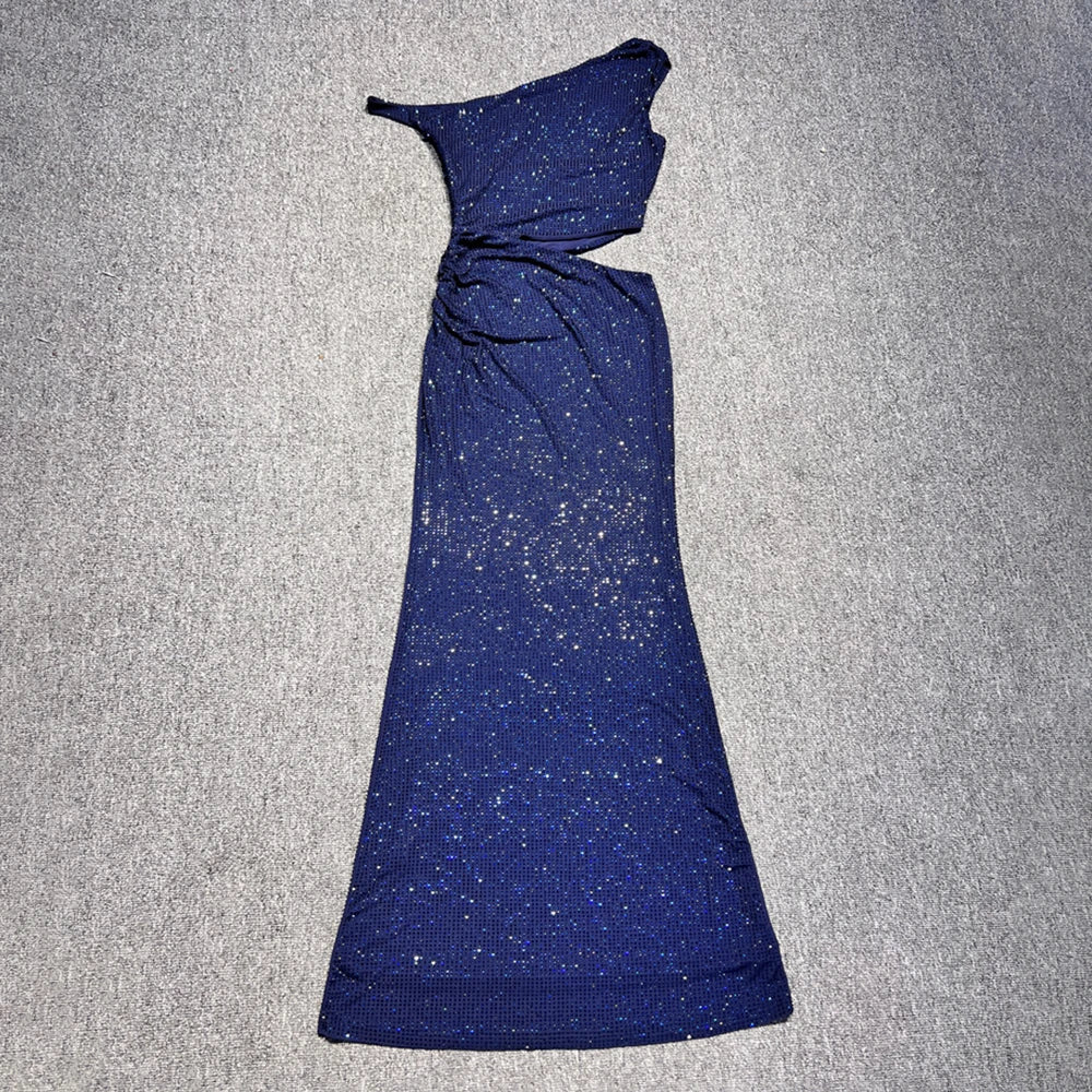 Fashion One-Shoulder Sleeveless Sequin Detail Long Dress for Party Evening Gown Blue