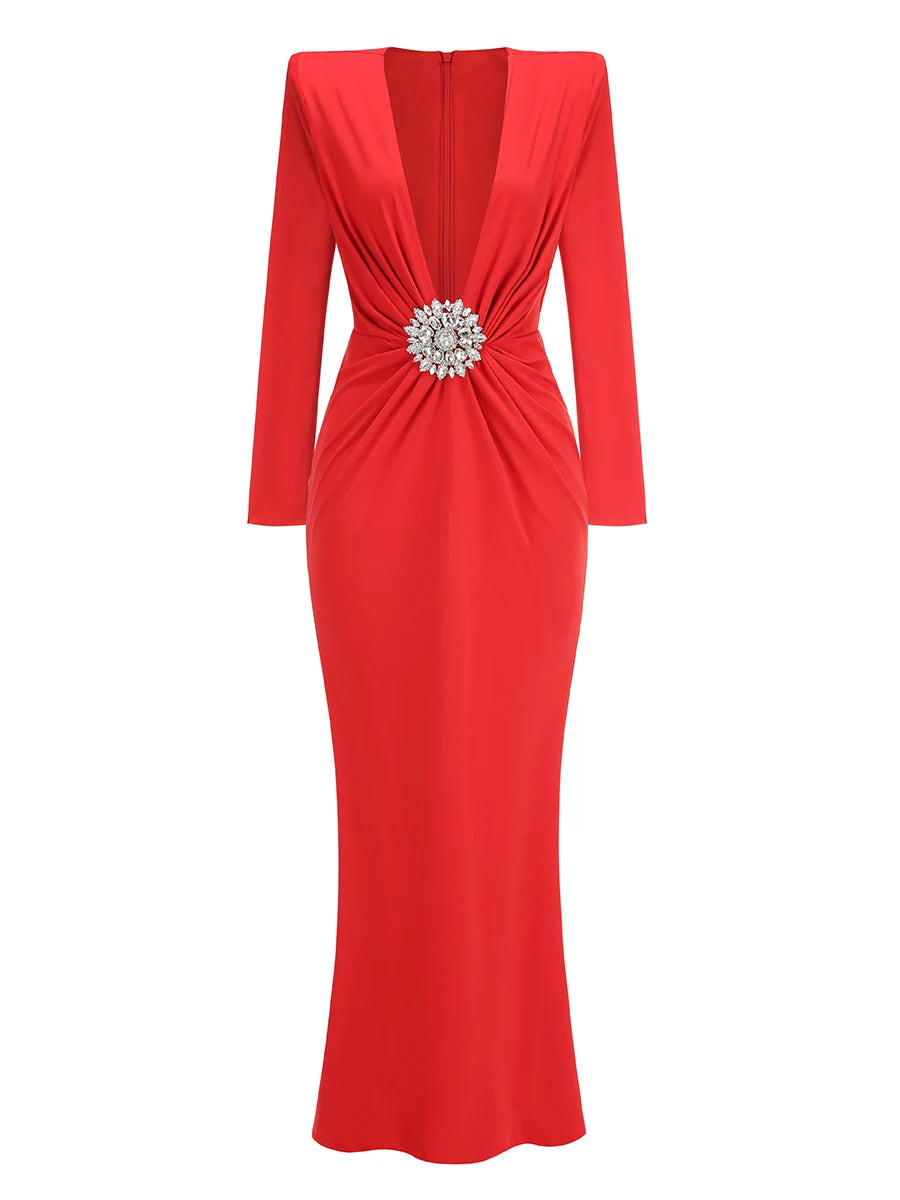 Black Maxi Dresses Women Sexy Deep V Neck Long Sleeves Gowns Runway Party Wear 2024 Spring New Fashion Red
