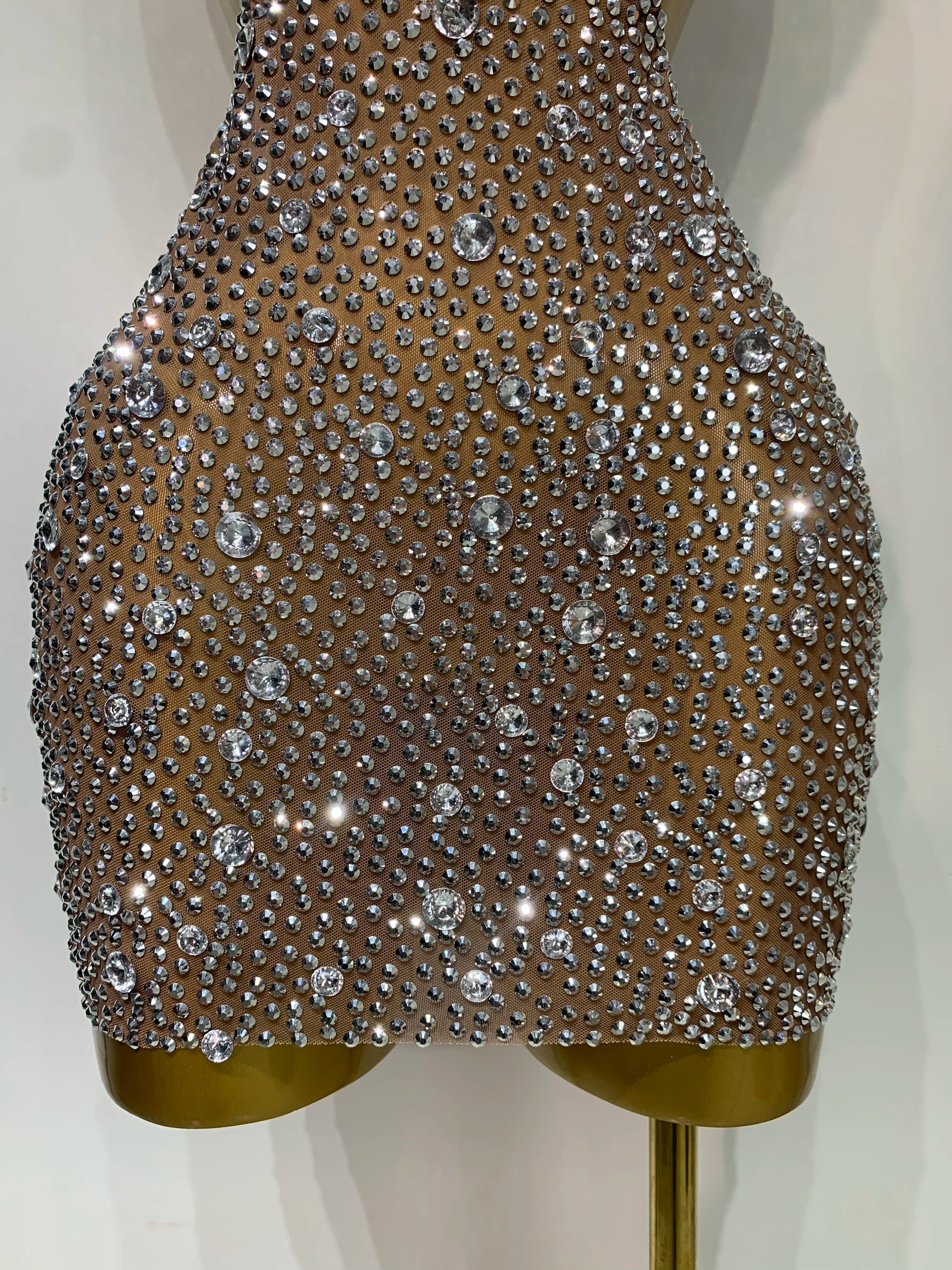 Women Sexy Mesh See Through One Shoulder Luxury Rhinestones Stage Costume Singer Dancer Nightclub Evening Party Birthday Dresses