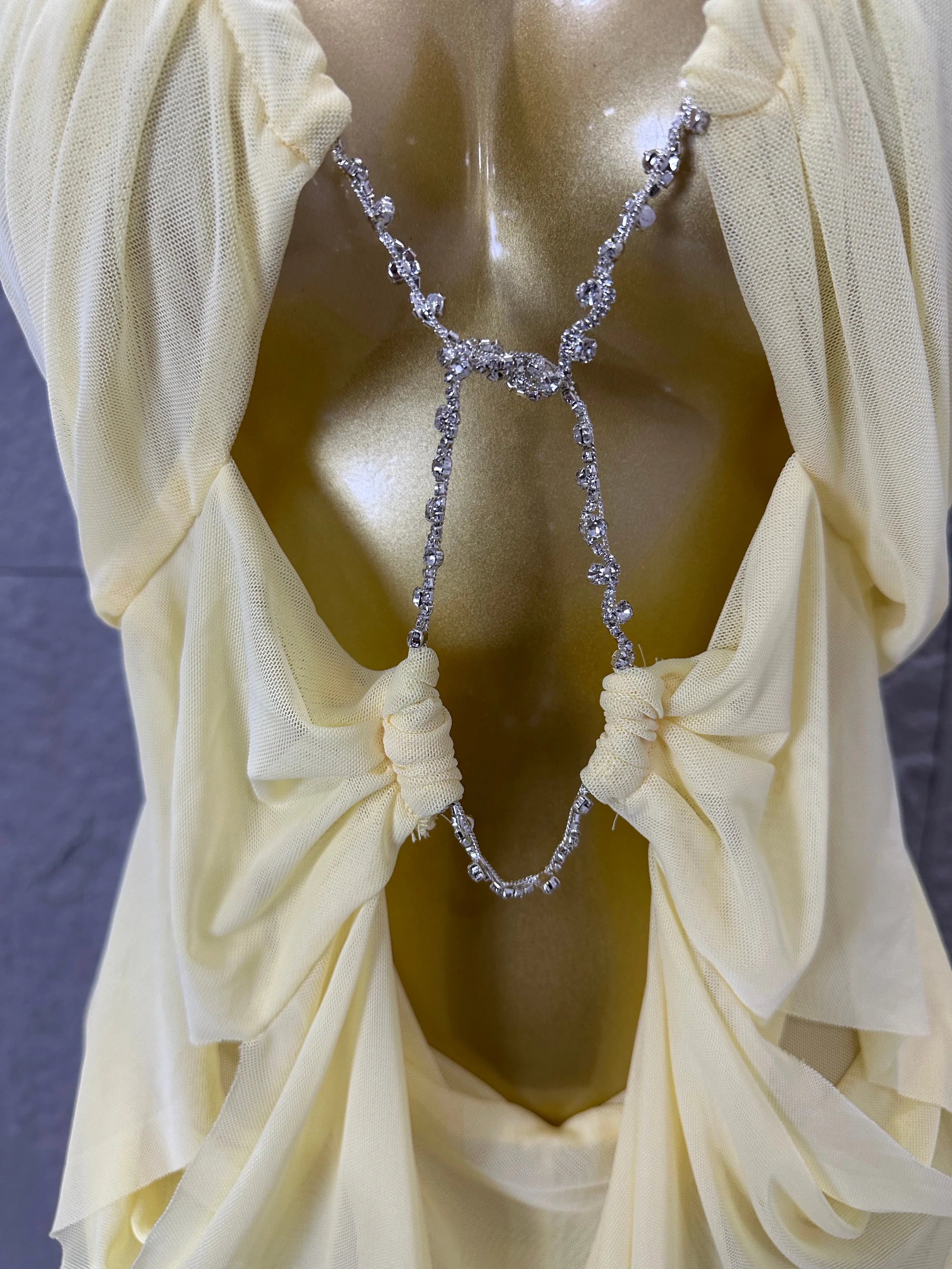 Sexy Halter Neck Maxi Dress Crystal Chain Cutout Ruched Women Sheer Mesh Form Outfit Glamorous Evening Gala Party Costume