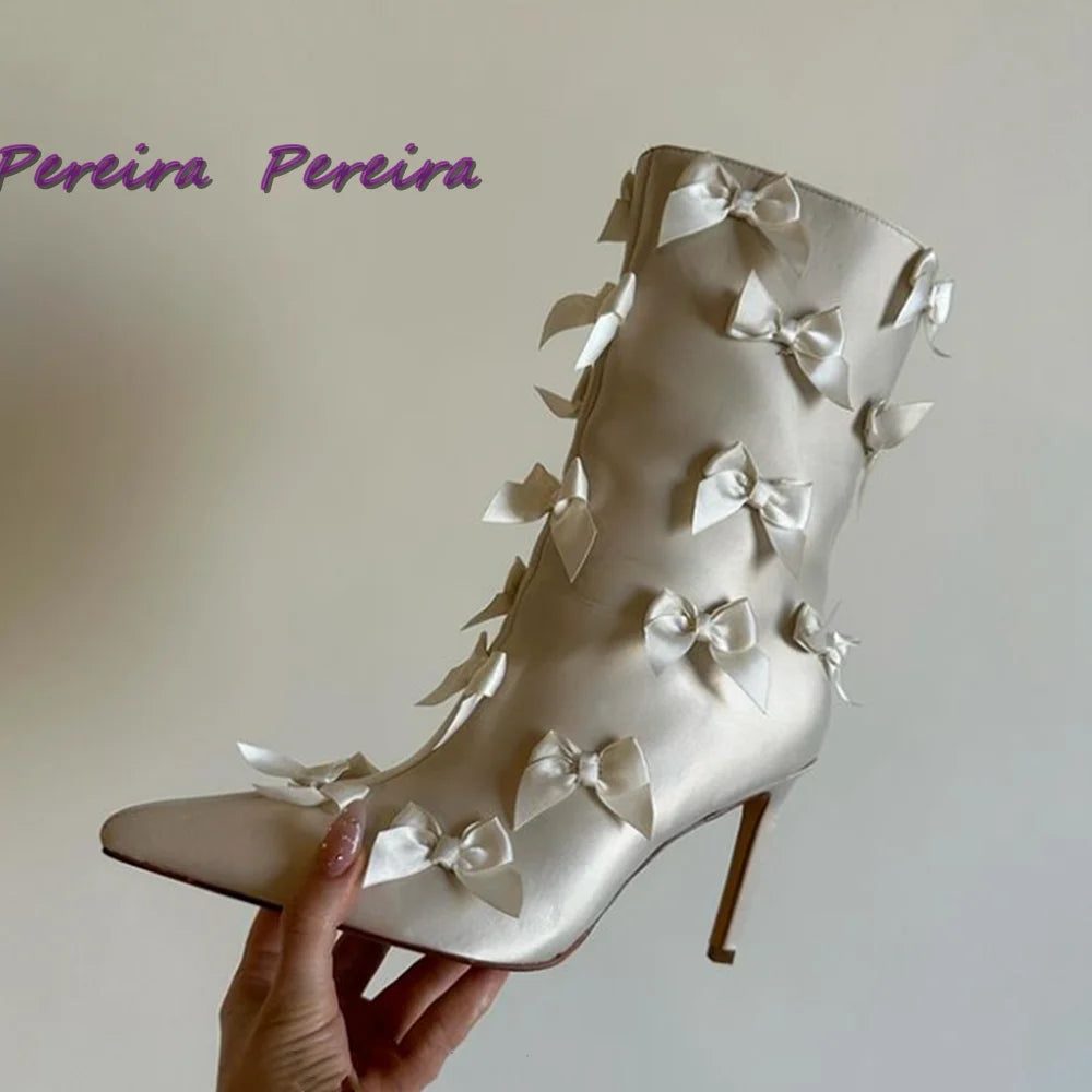 White Satin Butterfly-Knot Boots Pointed Toe Mid Calf Botas Stiletto Shoes Gentle Concise Autumn Winter 2025 Women Dress Zapatos