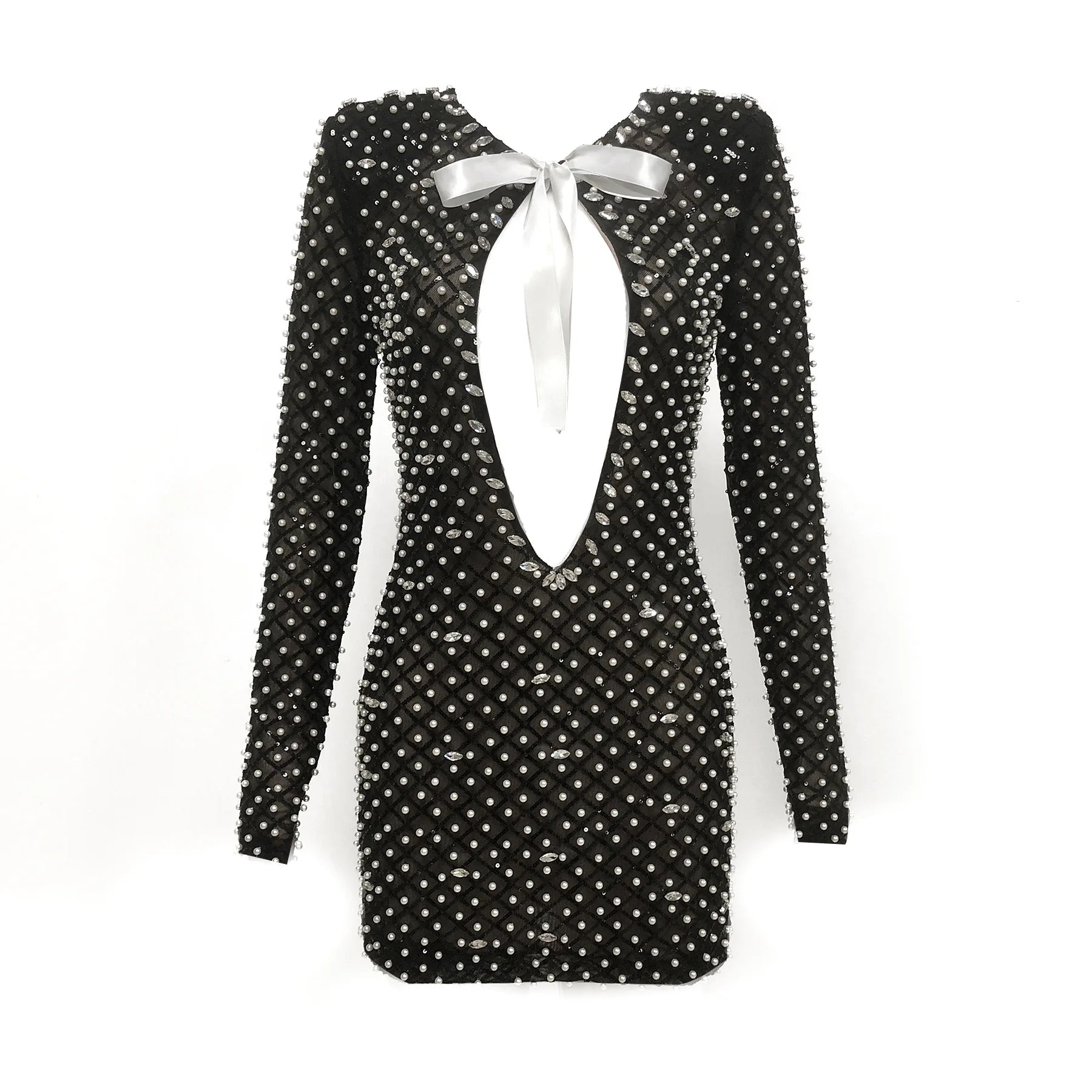 Pearl Sequins Hollow Out Short Dress For Women Sexy Long Sleeve Key Hole Bow Tie Diamond Beige Mini Evening Party Dress black