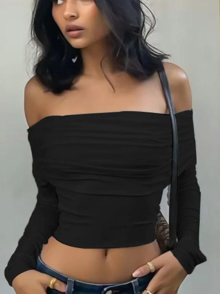 Women Off Shoulder Long Sleeve Slim Tops and Blouses Mesh Ruched Crop Tops Summer Autumn Y2K Sexy Elegant Shirts Female Black