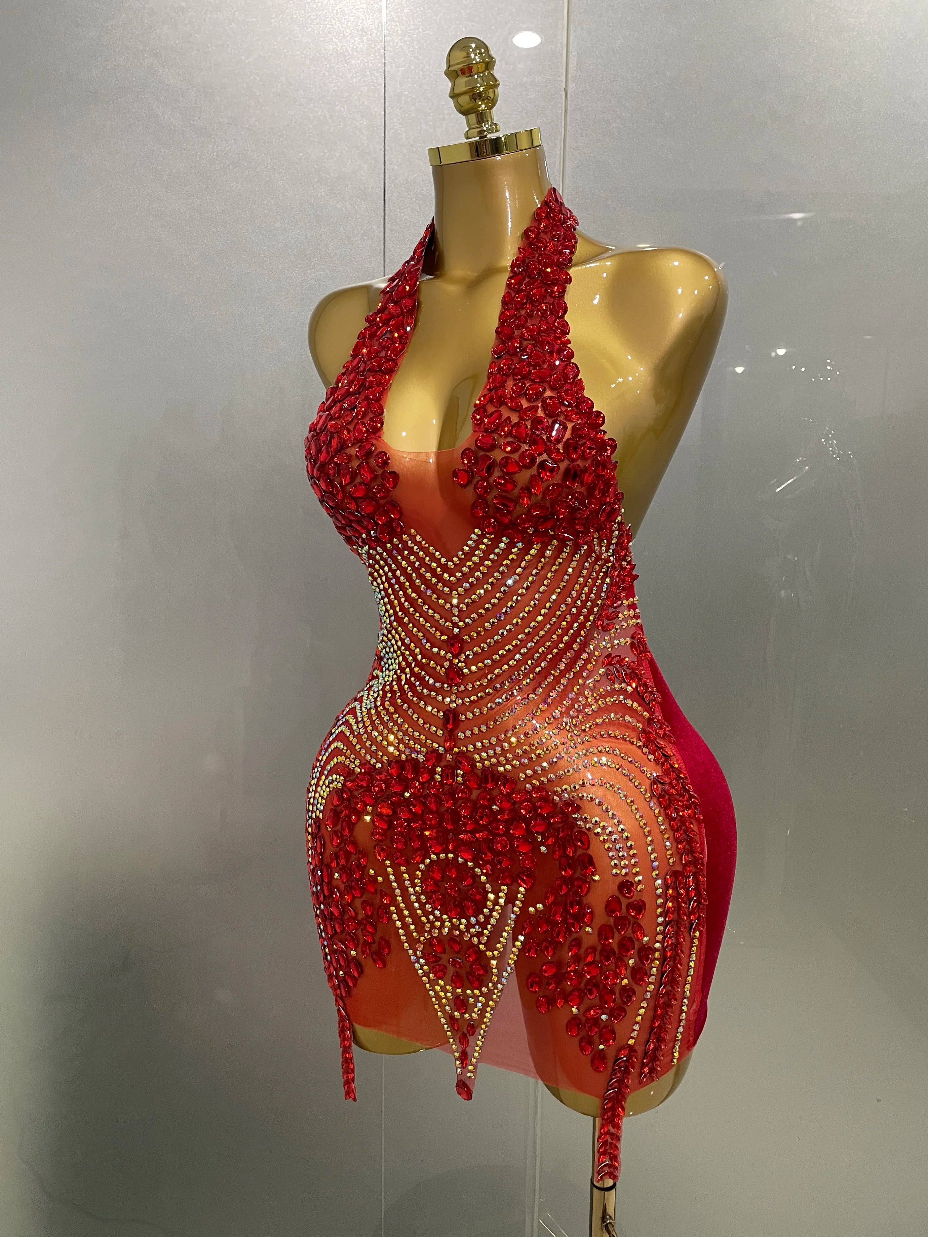 Sexy Red Sparkly Rhinestones Halter Backless Velour Short Dress 2025 New Women Evening Prom Celebrate Birthday Party Stage Wear