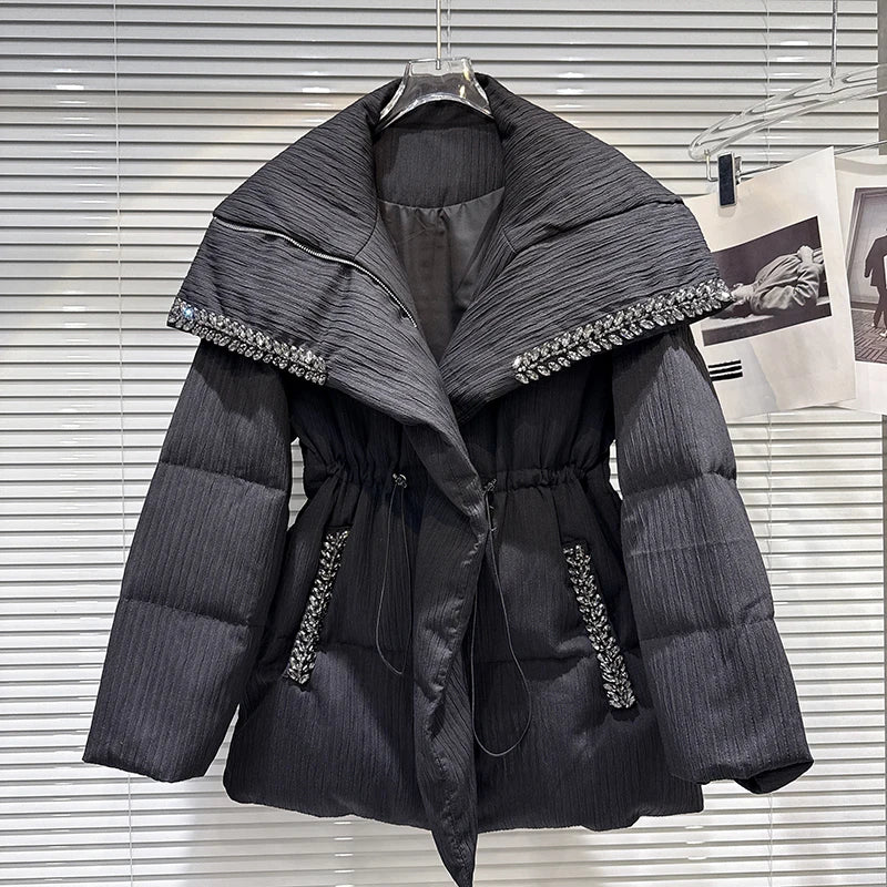 Winter New Heavy Beaded Lapel Drawstring Waist Warm Mid-Length Jacket For Women Loose Cotton-padded Coat 11A07671 Black One Size