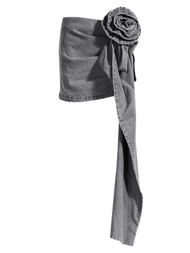 DEAT Fashion Women's Skirt High Waist Three-dimensional Rose Flower Asymmetric Blue Denim Short Skirts Summer New 17A8357 gray