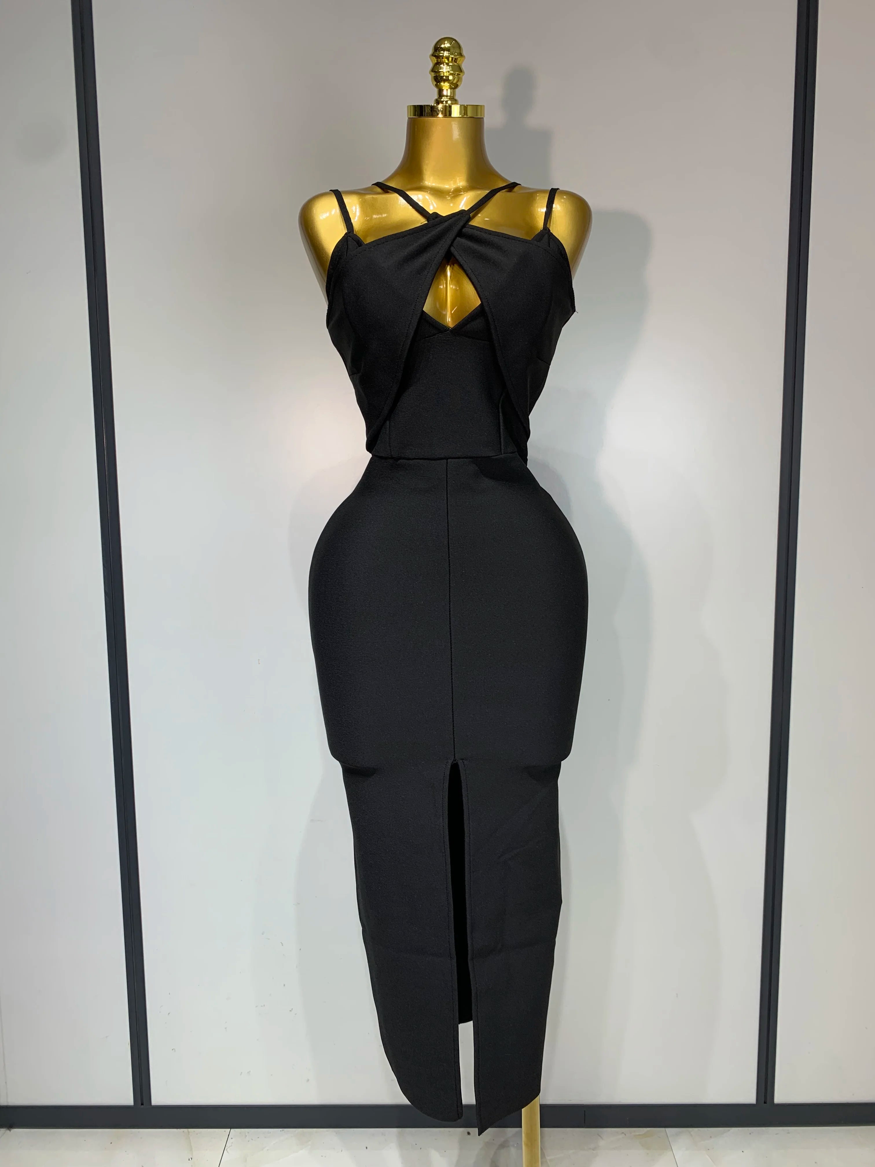 Women Sexy Sleeveless Hollow out Split Backless Black Midi Bandage Dress 2025 Celebrity Elegant Evening Cocktail Party Dresses black