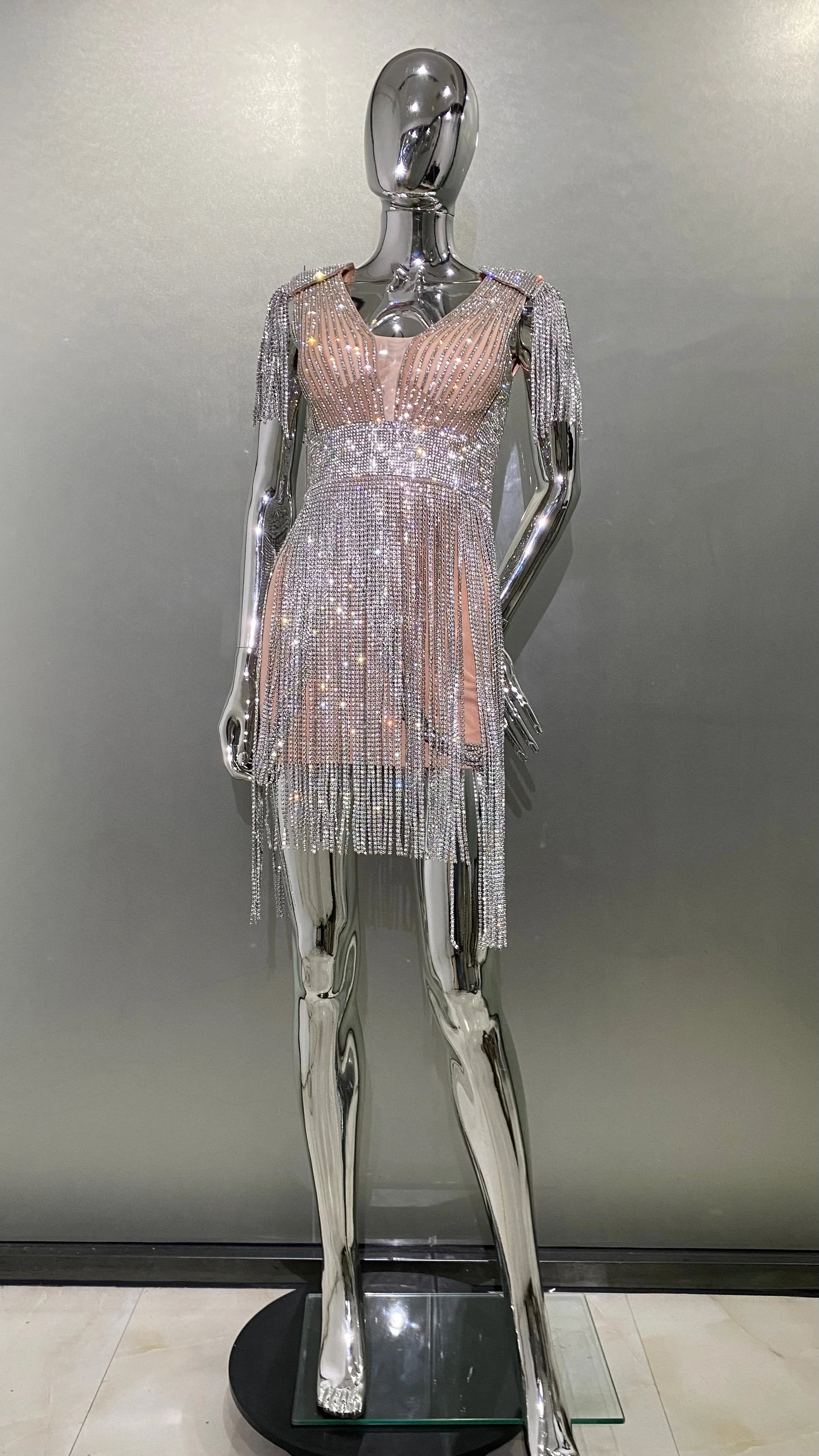 STOCK Super Shining Diamonds Tassel Sleeveless Mini Evening Dress Woman Birthday Party Outfit Performance Costume