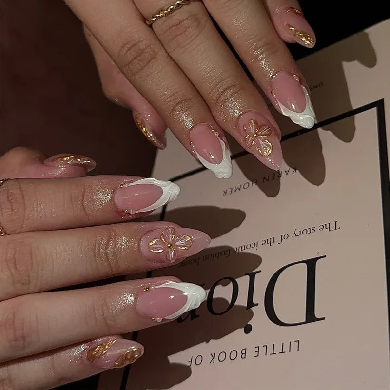 24Pcs Fresh Almond Press on Fake Nails with 3D Fruit Simple Lemon Orange Designs French Nail Wearable Full Cover False Nail Tips 7