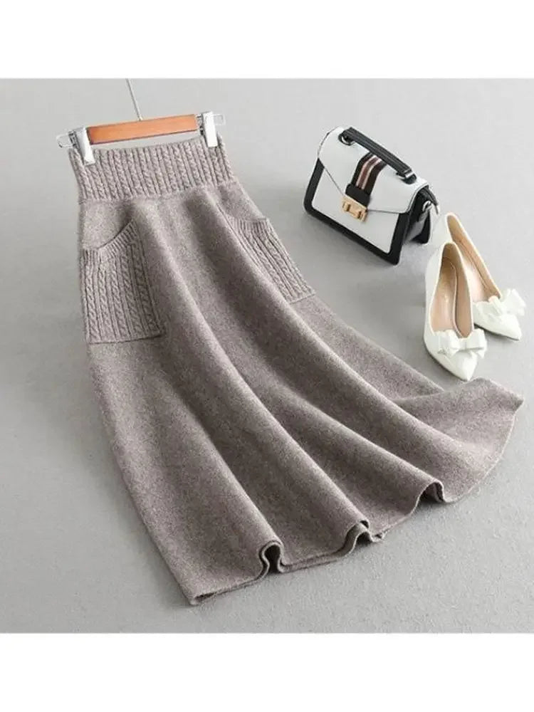 Autumn Winter Warm Wool Knitting Long Skirts Women High Waist with Pocket Loose Female Solid Knit Mid-Calf Skirt B790 camel