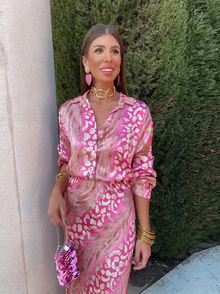 Elegant Printed Shirts Skirts For Women Fashion Lapel Sleeves High Waist 2-piece Suits Summer Lady High Streetwears Pink sets