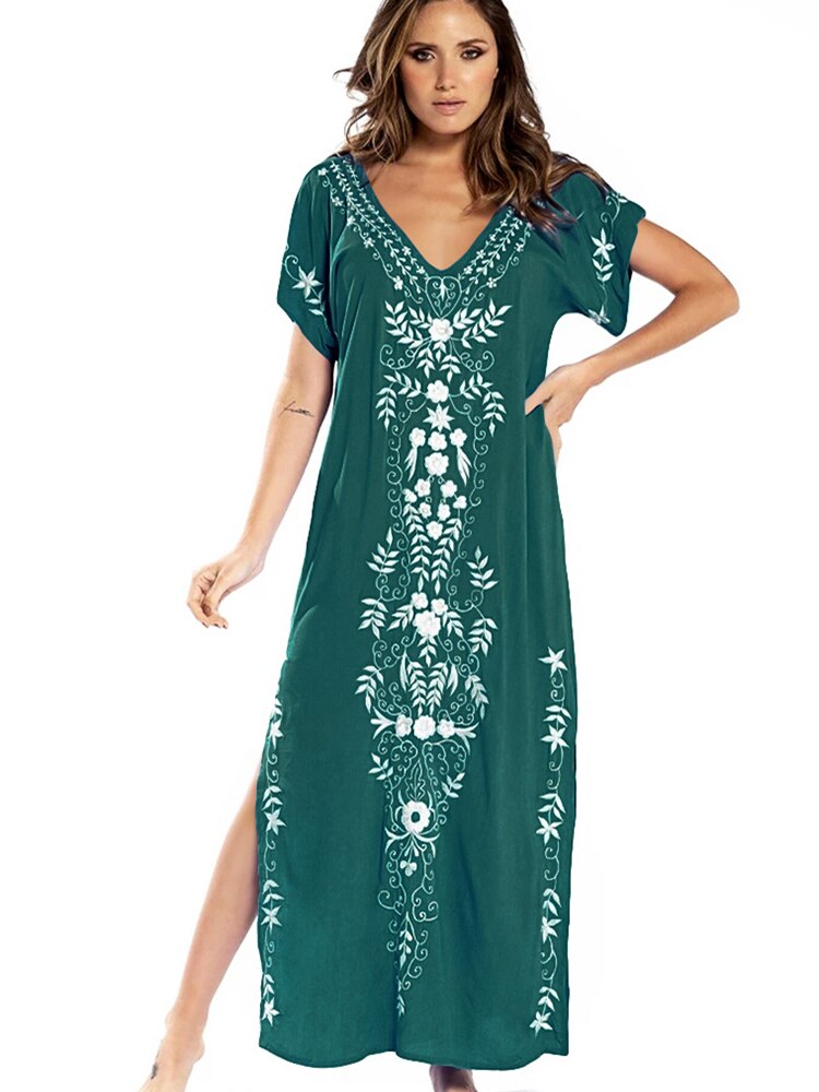 Robe De Plage Embroidery Beach Cover Up Sarong Women Beach Pareo Tunic For Beach Swimwear Green One Size