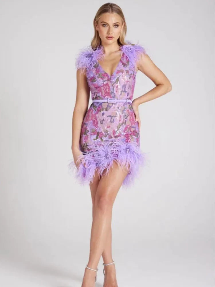 2024 New Fashion Women Sleeveless Sexy V-Neck Shinning Sequins Feathers Bodycon Mini Dress Elegant Evening Party Dress Outfit