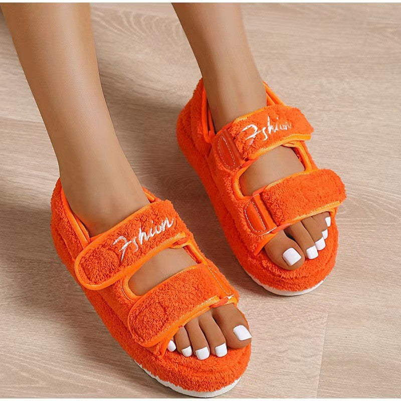 Plush Sandals for Women - New Fashion Platform Shoes Retro Flat Fluffy Furry Casual Shoes Female Light Round Toe Sandalias Orange