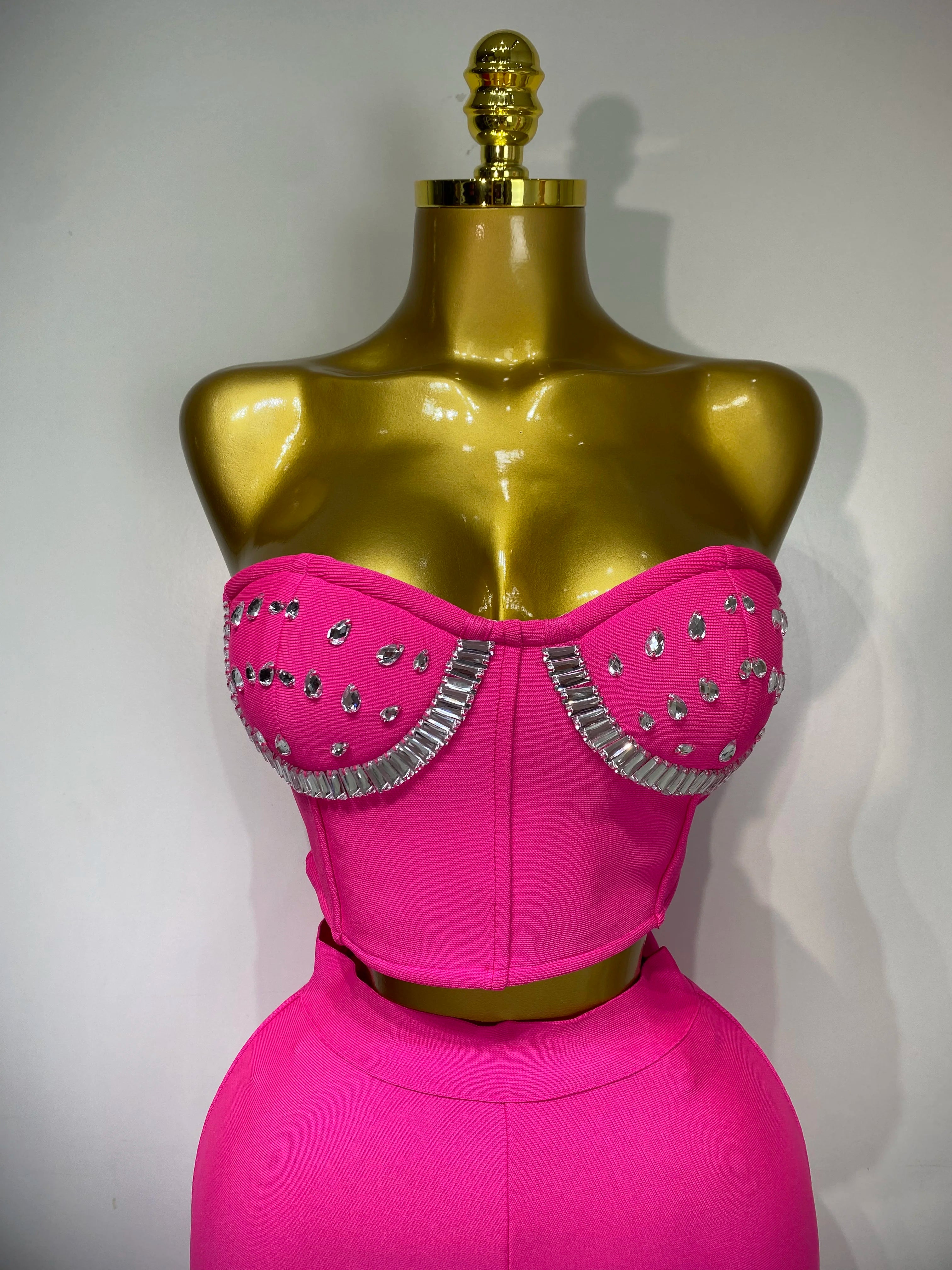 Women Sexy Strapless Top Cut Out Bodycon Two Pieces Bandage Pants Celebrity Designer Fashion Women Luxury Diamond Birthday Set