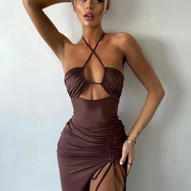 Summer Sexy Halter Backless Sleeveless Cut Out Maxi Dress for Women Ruched Elegant Club Party Slit Dresses Bandage Vestido 2023 brown