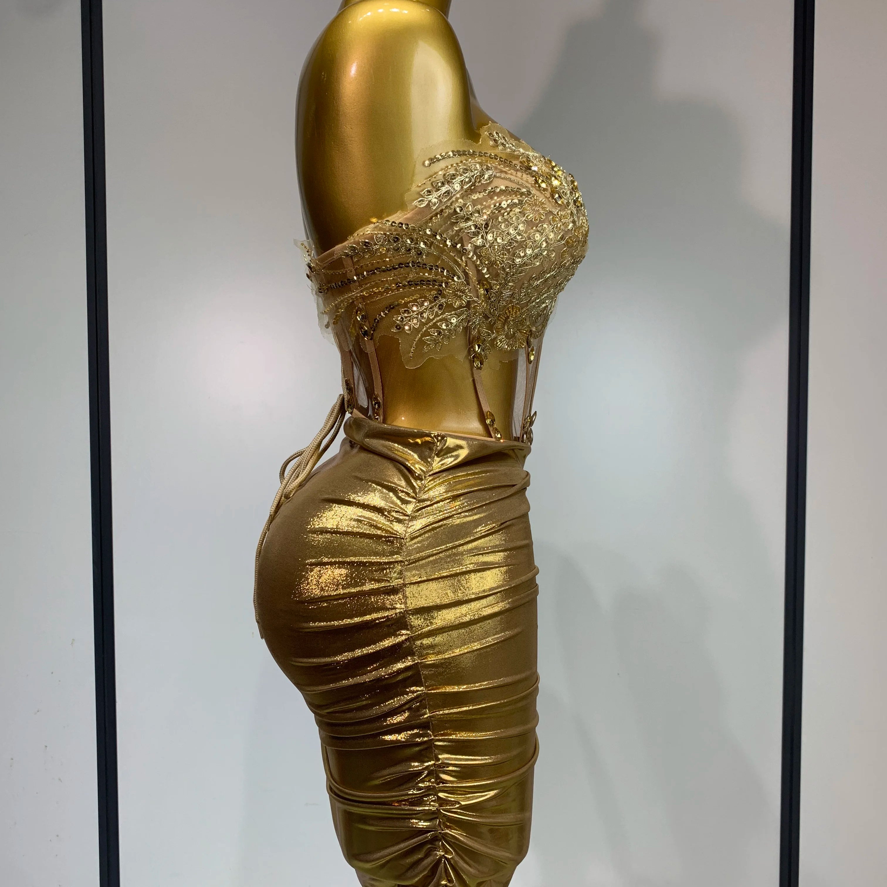 Women Sexy Strapless Sequins Rhinestone Gold Dress Glitter Top Two Pieces Sets Birthday Evening Party Club Singer Stage Outfit