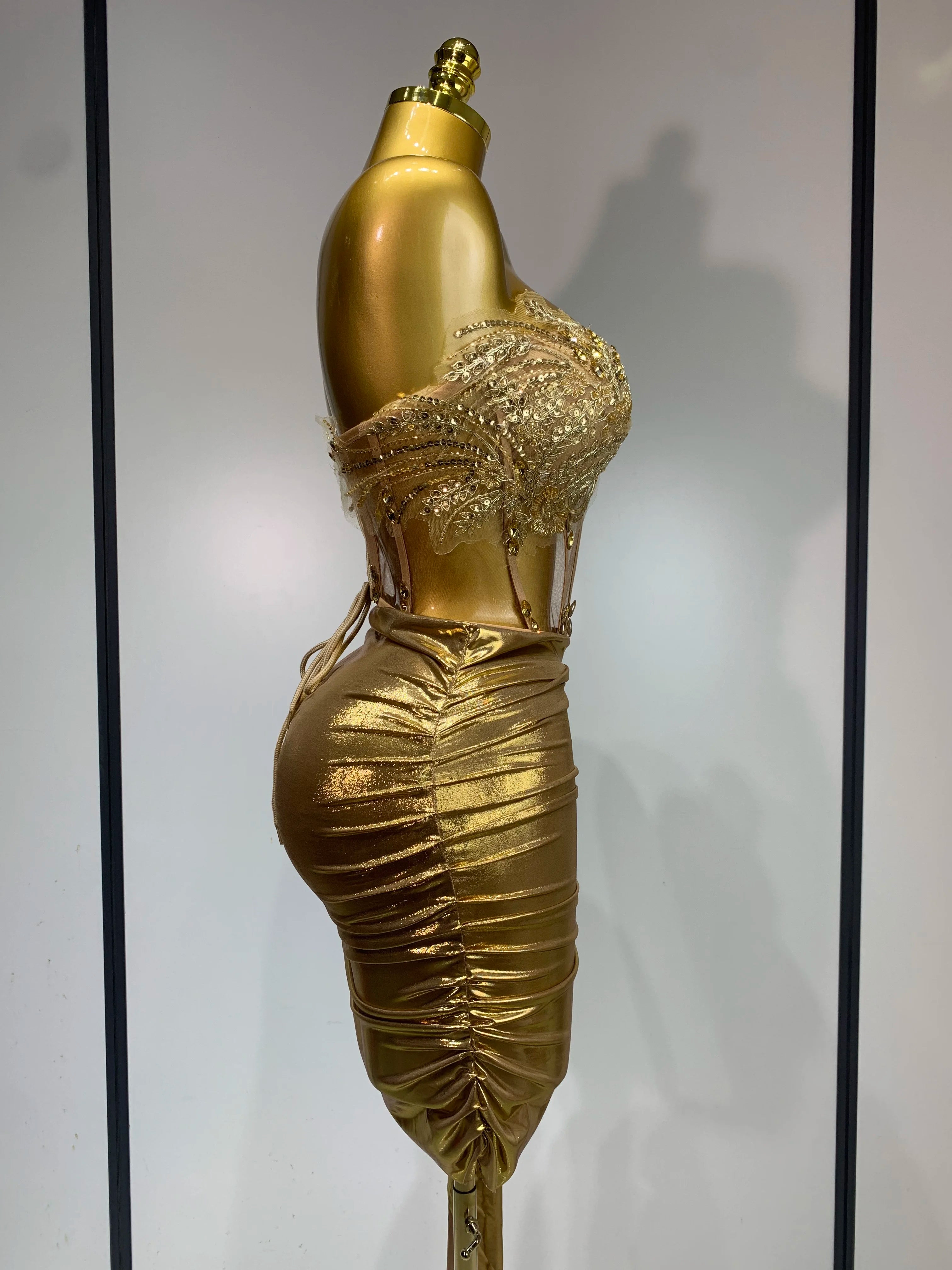 Women Sexy Strapless Sequins Rhinestone Gold Dress Glitter Top Two Pieces Sets Birthday Evening Party Club Singer Stage Outfit