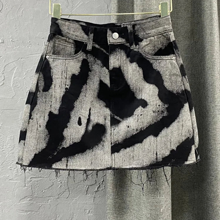 DEAT Women's Denim Skirt Contrast Color Stripes Print Burrs High Waist Short Mini Skirts Summer New Fashion 11XX1648 Grey
