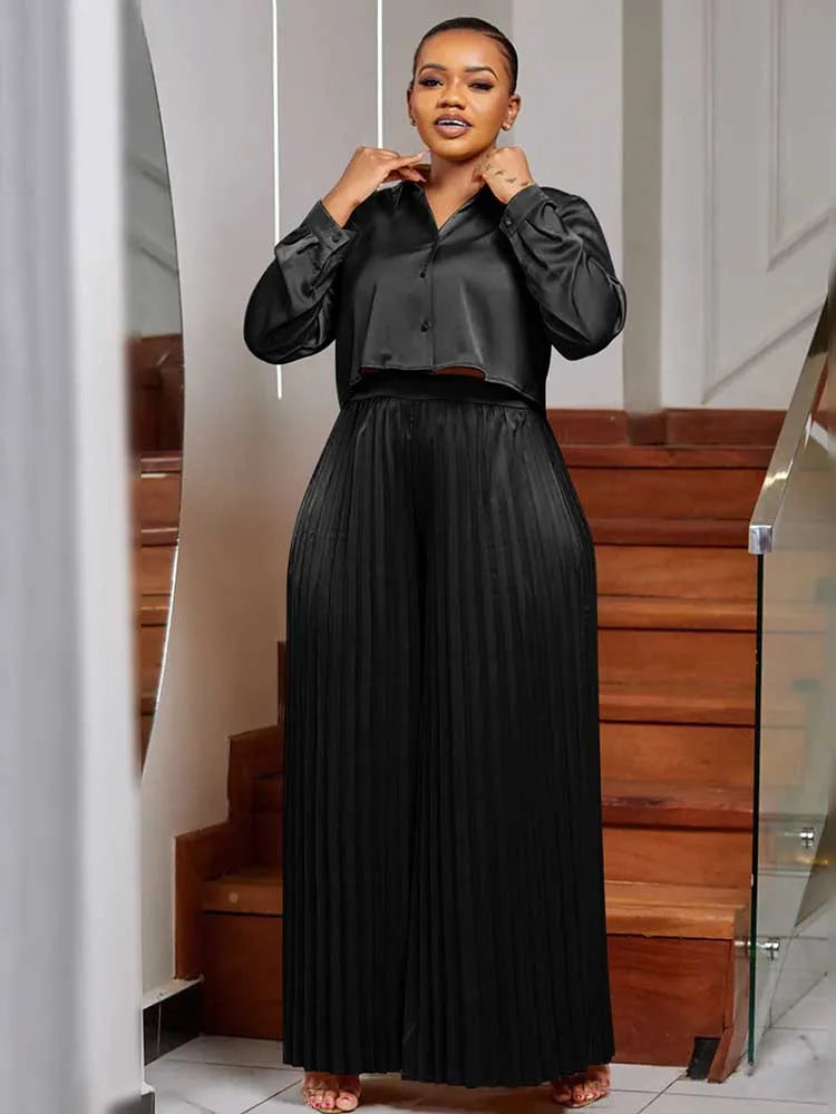 2 Piece Sets Women Outfit Luxury Elegant Autumn Long Sleeve Button Top and Pleated Pants Set Casual Ladies Clothes Plus Size black