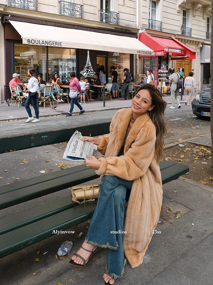 Lautaro Autumn Winter Luxury Soft Thick Warm Faux Mink Fur Coat Women Shawl Collar Elegant Retro Chic Fluffy Furry Overcoat 2025