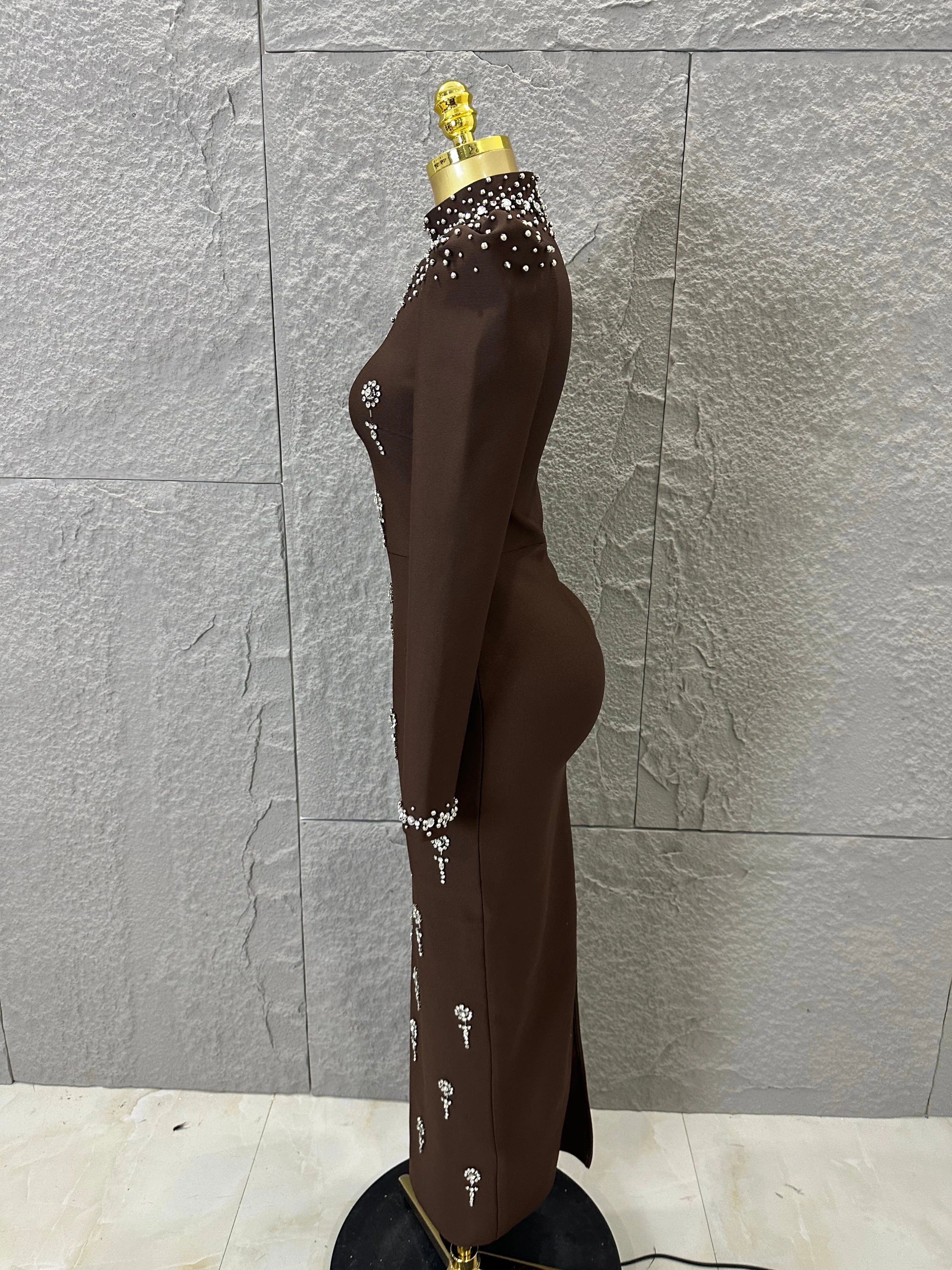 Sophisticated Brown High Neck Maxi Dress Women Sexy Long Sleeve Crystal Pearl Embellished Bodycon Outfit Cocktail Party Costume