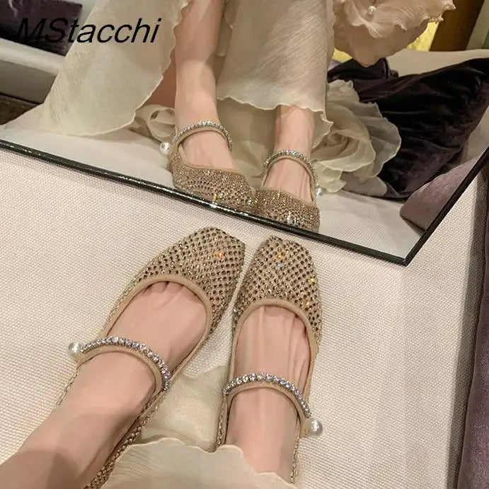 Mesh Crystal Pearl Flat Shoes Woman Square Toe Office Lady Luxury Shoes Big Size Mary Janes Shoes 2025 New Spring Single Shoes