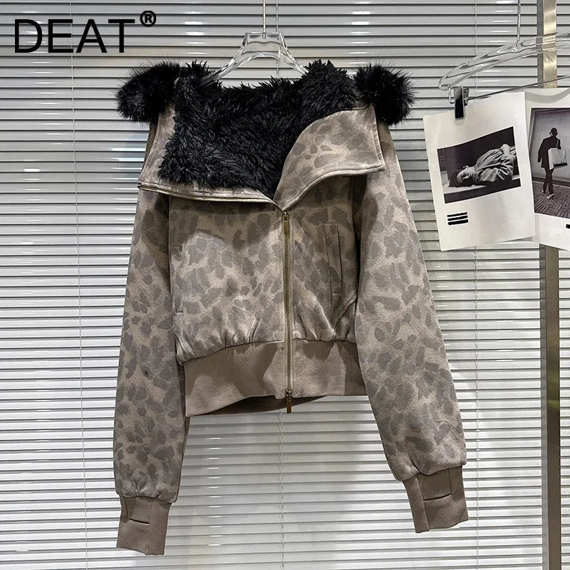 Winter New Sweet Fashion Metal Diagonal Zipper Camouflage Furry Lined Short Jacket For Women Versatile Coat 11A07506