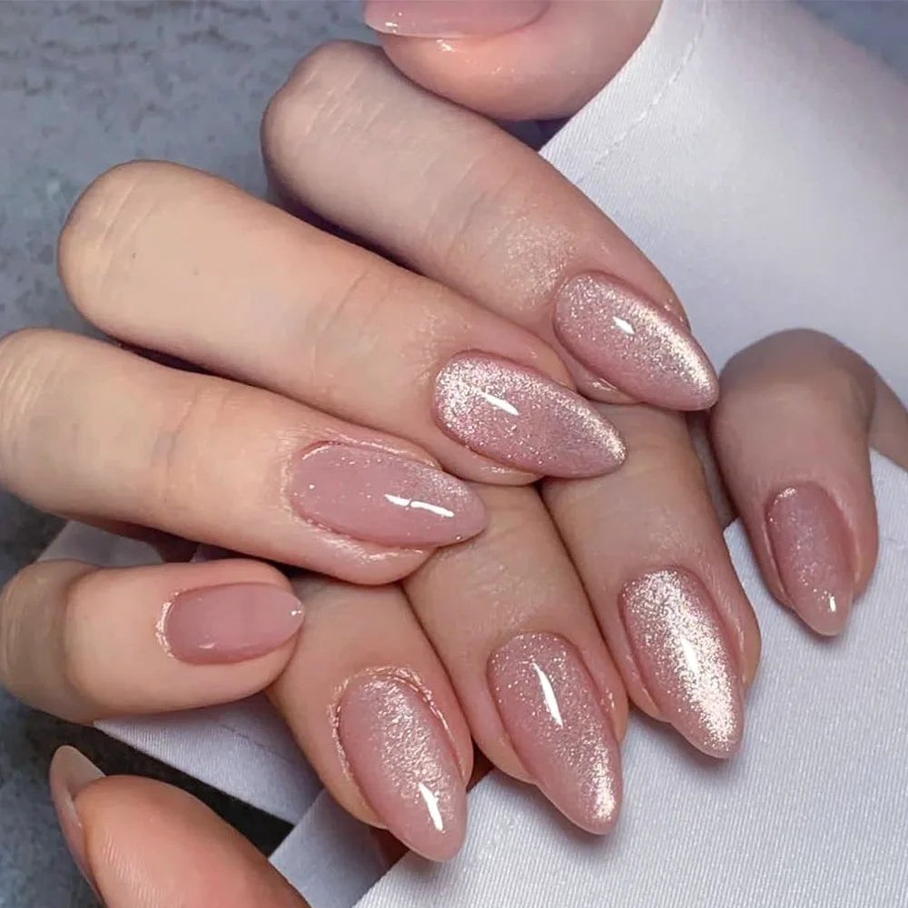 24pcs Cute Love Press on Nails Shiny French Pink Cat Eye Fake Nail Tips Full Cover Wearable Korean Style Almond False Nails 2