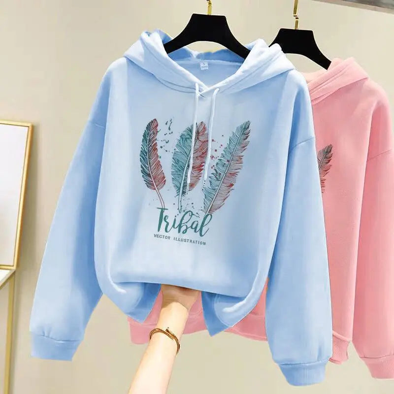 Women Fashion Feather Printed Hoodies Autumn Winter Plus Velvet Casual Loose Sweatshirt BLUE