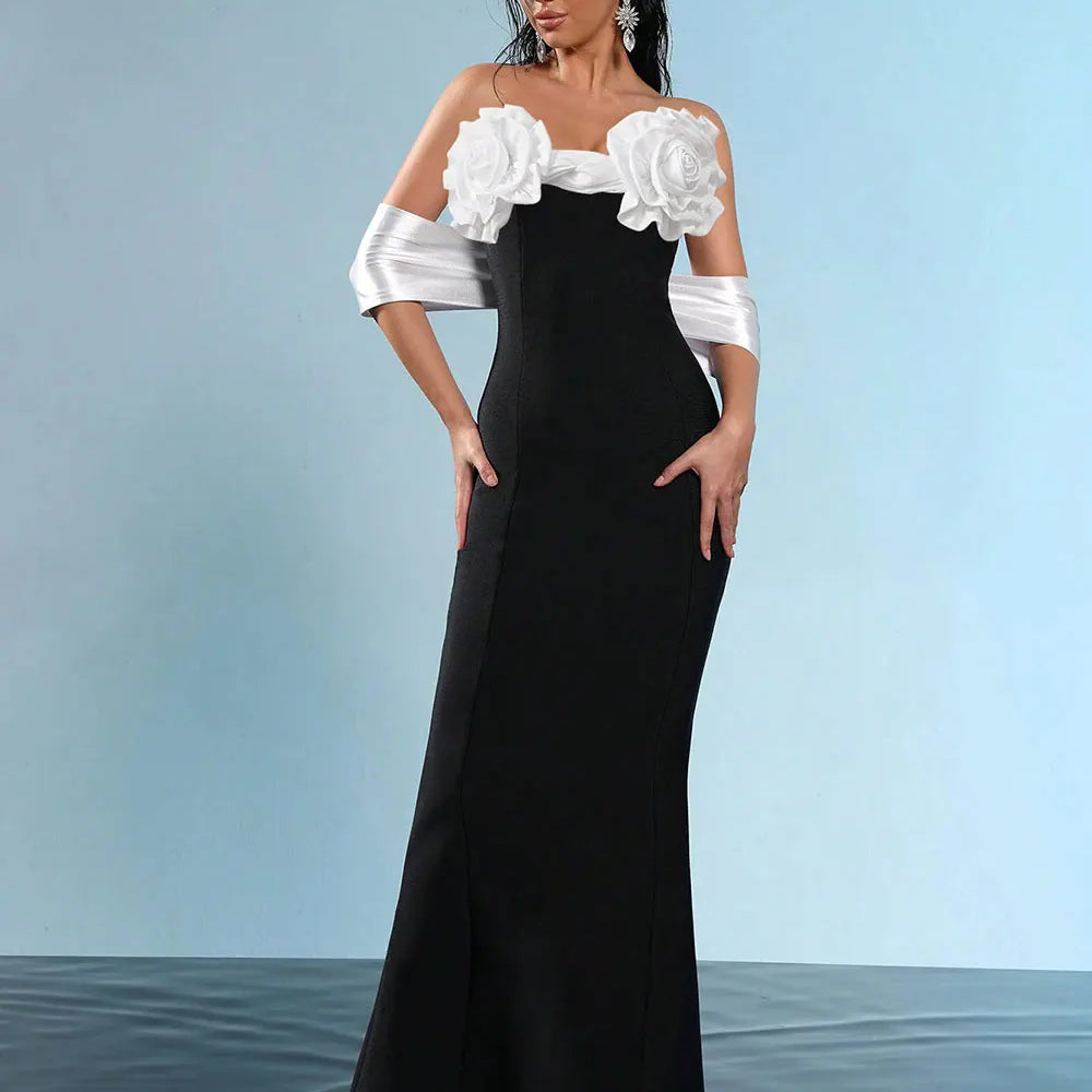 2025 Sexy Women'S Three-Dimensional Flower Design Bandage Dress Strapless Shoulder Strap Sleeve Bodycon Backless Long Dresses black