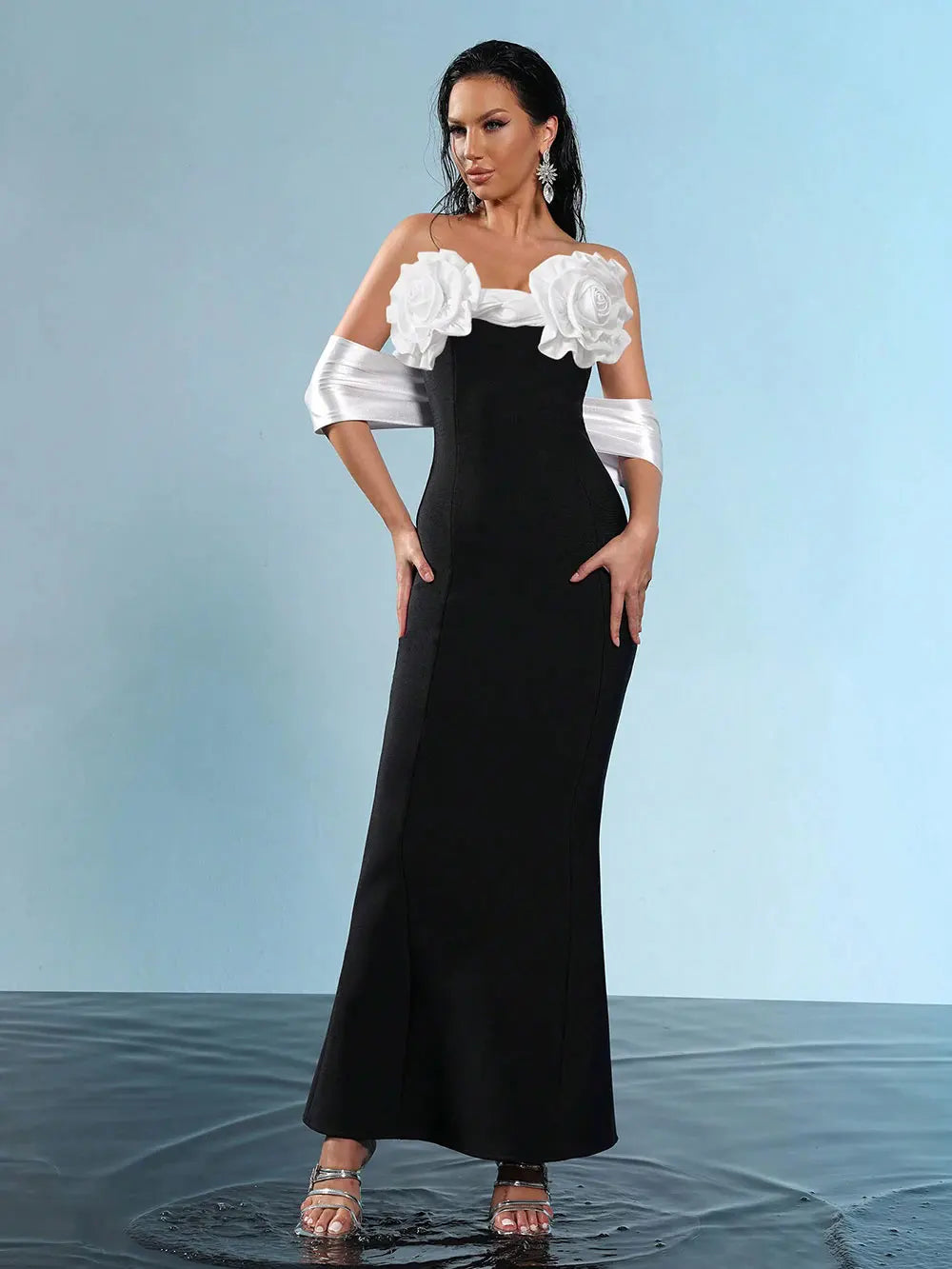 2025 Sexy Women'S Three-Dimensional Flower Design Bandage Dress Strapless Shoulder Strap Sleeve Bodycon Backless Long Dresses black