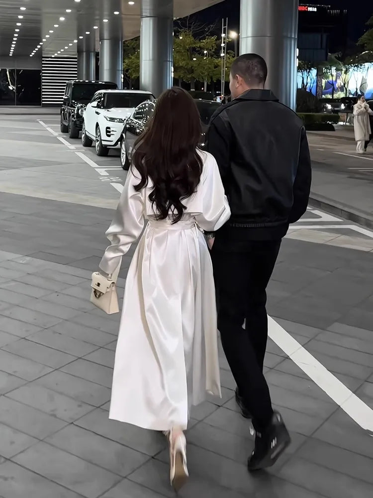 Lautaro Spring Autumn Long Flowy Shiny White Trench Coat for Women Double Breasted Elegant Stylish Luxury Design Clothes 2025