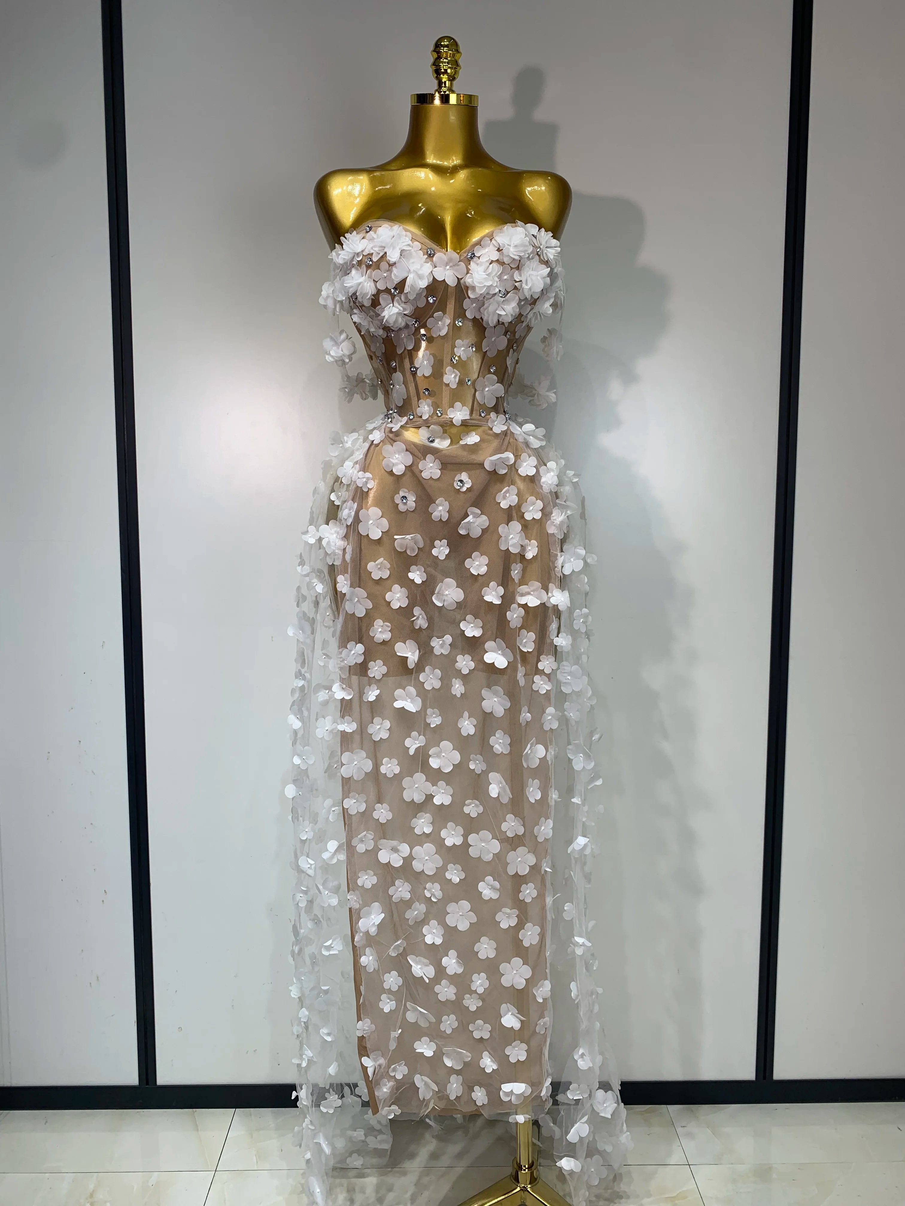 Women Sexy Elegant Party Dress Wedding Celebrate Evening Gown 2025 Mesh See Through Flowers Backless Prom Hotwife Outfit WHITE