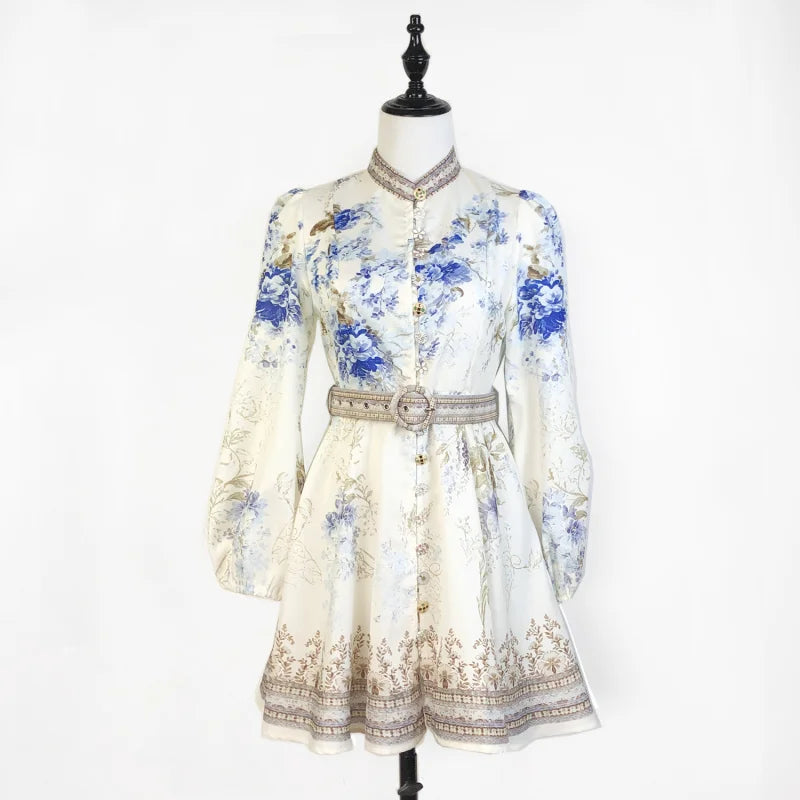 Real Shot In Stock 2025 Spring Summer New Printed Single-Breasted Exquisite Flower Button Short A-Line Dress + Belt