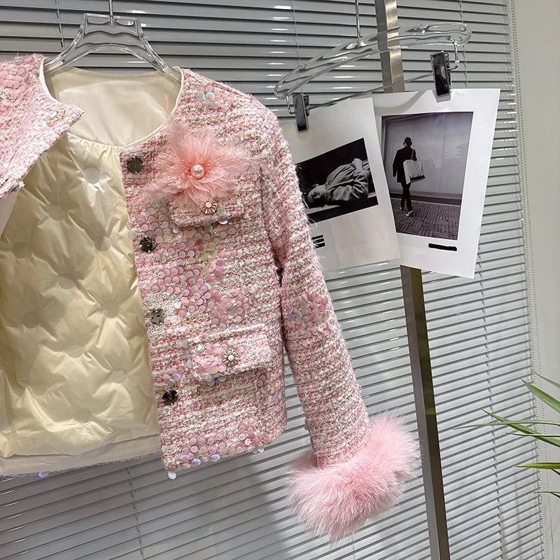 Winter New High-End Fashion Style Fox Fur Sleeve Sequin Tweed Cotton Short Coat For Women Elegant Jacket 11A07932