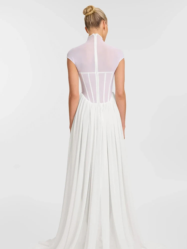 Romantic Ethereal High-Neck Bridal-Inspired Sheer White Maxi Dress for Wedding Party Evening Gown