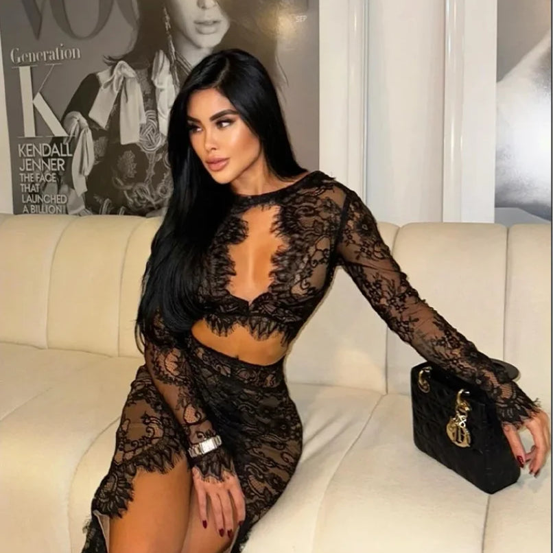 Black Color New Fashion Women Long Sleeve Sexy Lace Keyhole Bodycon Long Dress Fashion Nightclub Party Celebrate Outfit