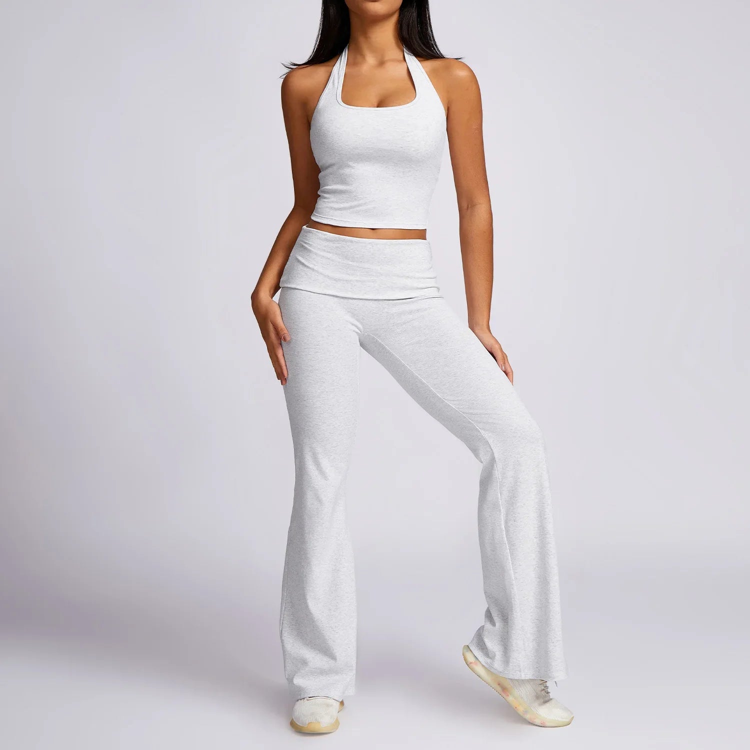 New Yoga Set Workout Clothes Fitness Suits Sports Bra High Waist Leggings 2 Piece Women High Stretch Gym Outfit white gray-3