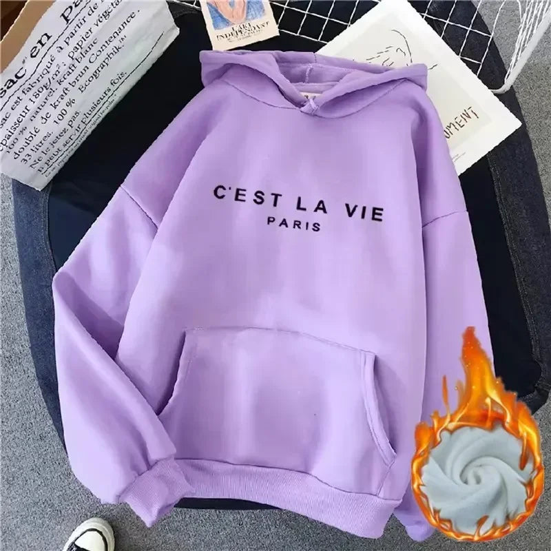 Autumn Winter Women Fleece Hoodies Thick Warm Female Long Sleeve Hooded Sweatshirts Casual Print Lady Loose Pullover Tops