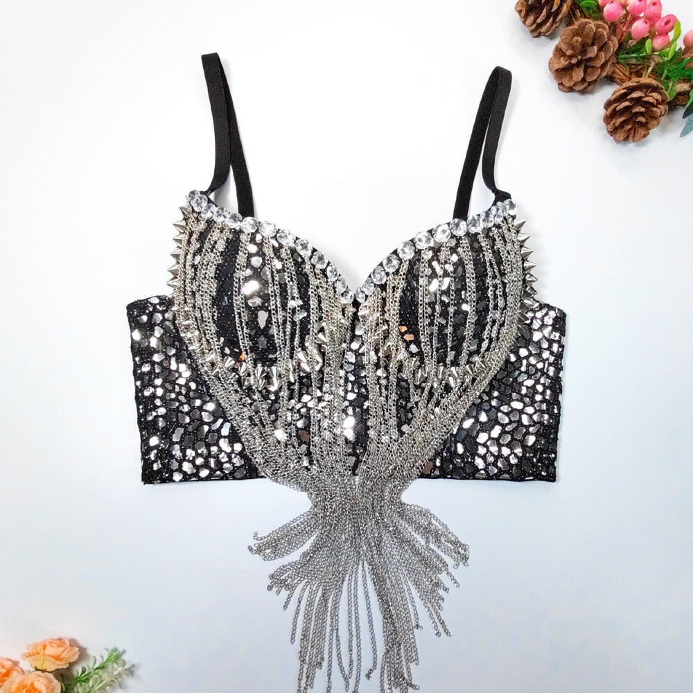 Sexy Trend Sequin Metal Chain Tassel Sling Women's Shiny Personality Rivet Design Slim Camisole Female 2024 Summer black-silver