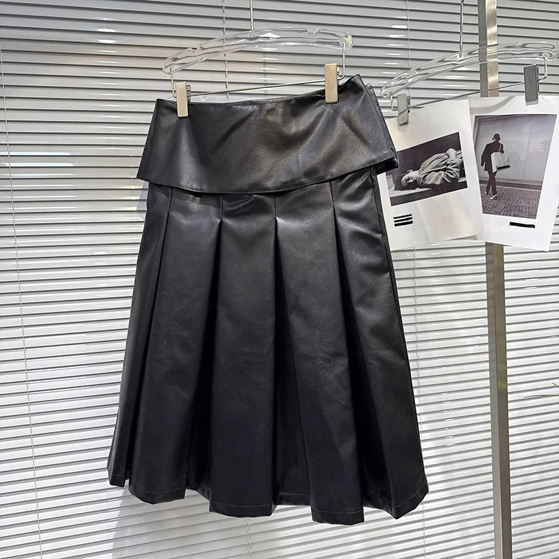Winter New Fashion Pocket Waist Belt PU Leather Midi Skirt For Women High Street Pleated Skirts Female Trend 11A07862