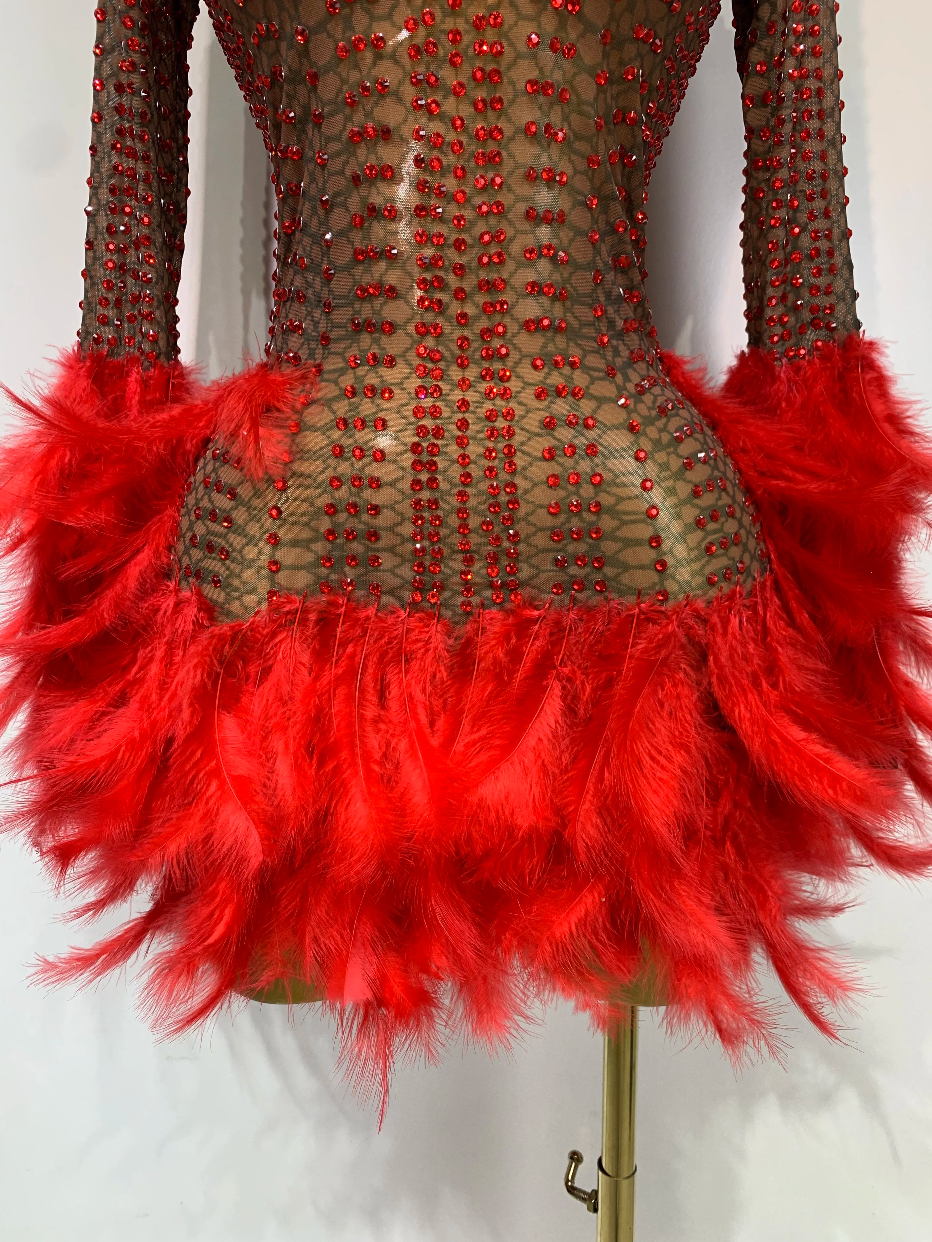 Women Luxury Birthday Dress Rhinestones Mesh Feathers Bodycon Mini Celebrity Evening Club Party Dress Nightclub Stage Outfit