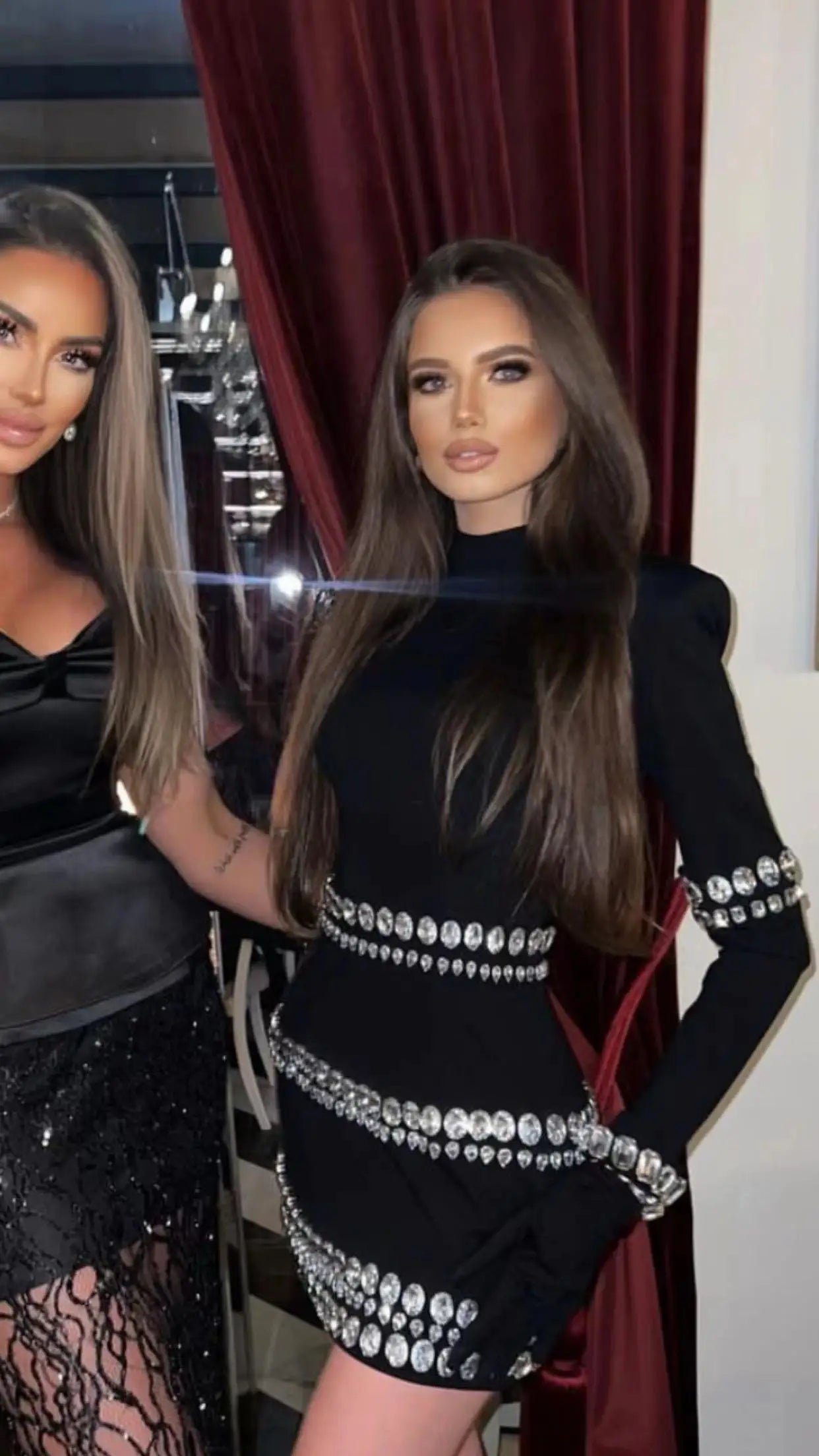 STOCK New Winter Sparkling Diamonds Half High Collar Black Mini Bandage Dress Fashion Woman Evening Party Outfit